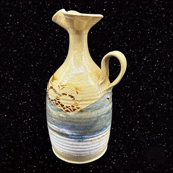 Hand Trown Pottery Jug Pitcher Hand Made Signed Blue Stoneware Vintage 11”T 6”W - Picture 2 of 16